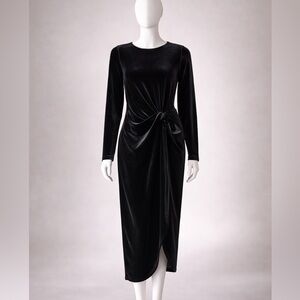 H&M Black Velvet Wrap Midi Dress – Long Sleeve Elegant Evening Dress
